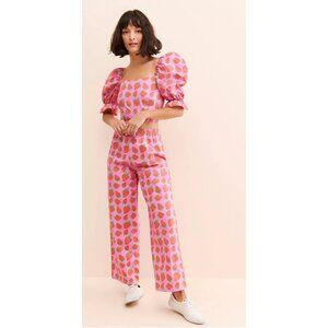 Megan Crosby Sophie Strawberry Print Puff Sleeve Crop Top & Pants Set | Organic